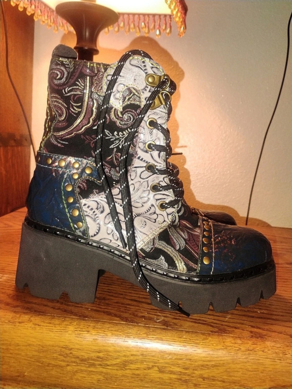 Paisley Combat Boots in Blue & Black Like New
